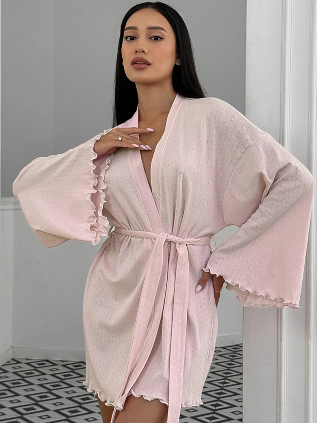 Tie Waist Kimono Sleeve Lounge Nightgown Dusty Pink