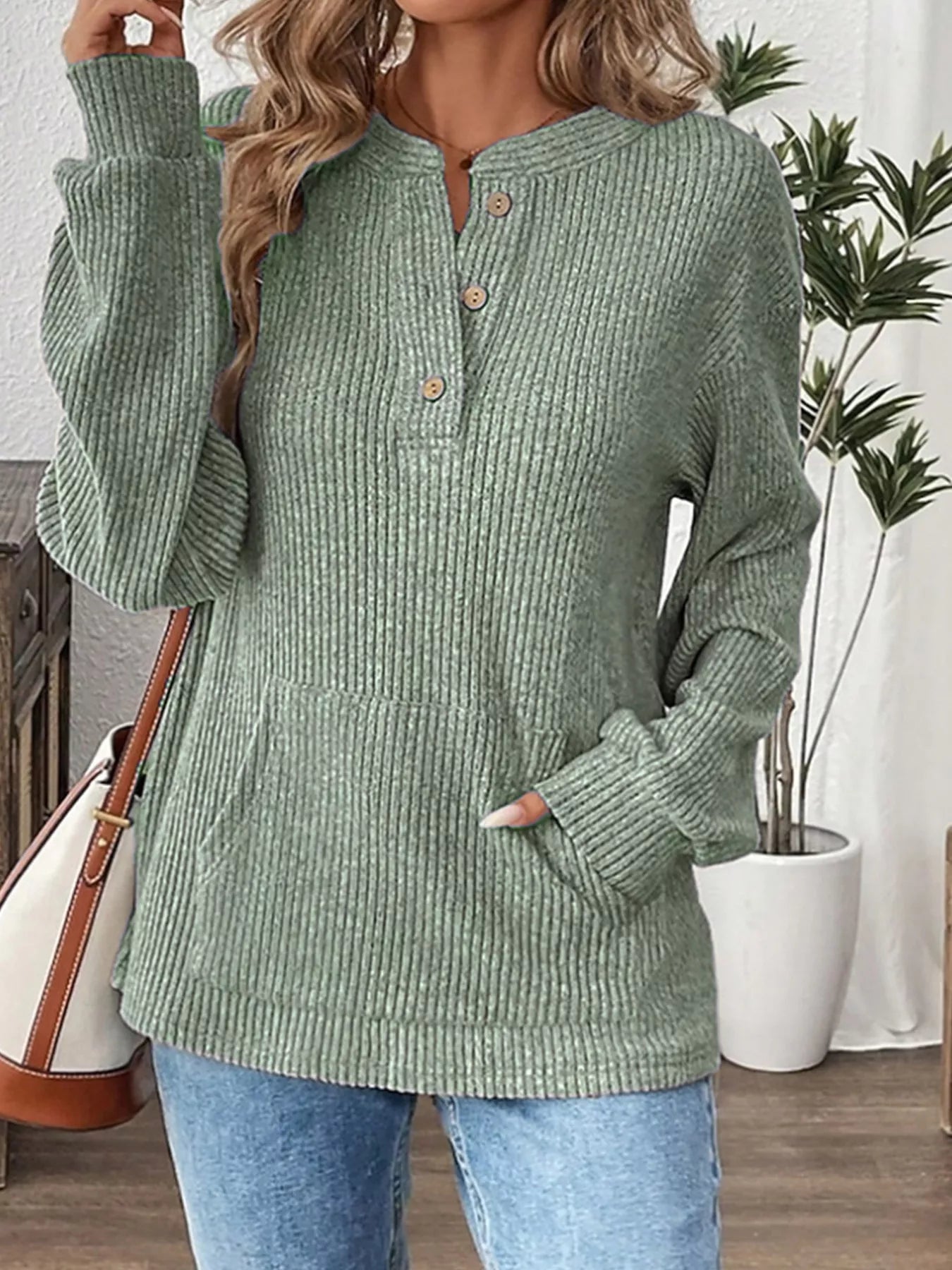 Ribbed Button Detail Long Sleeve T-Shirt Light Green