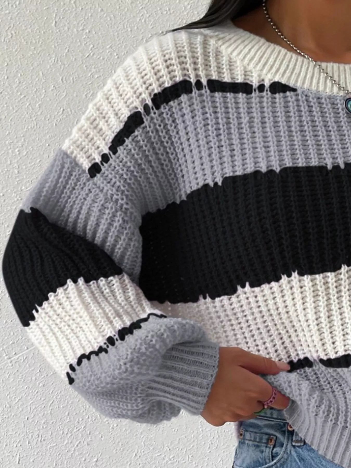 Striped Knit Round Neck Sweater