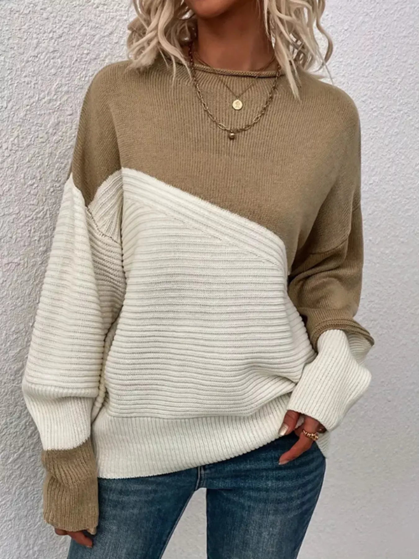 Color Block Ribbed Knit Sweater