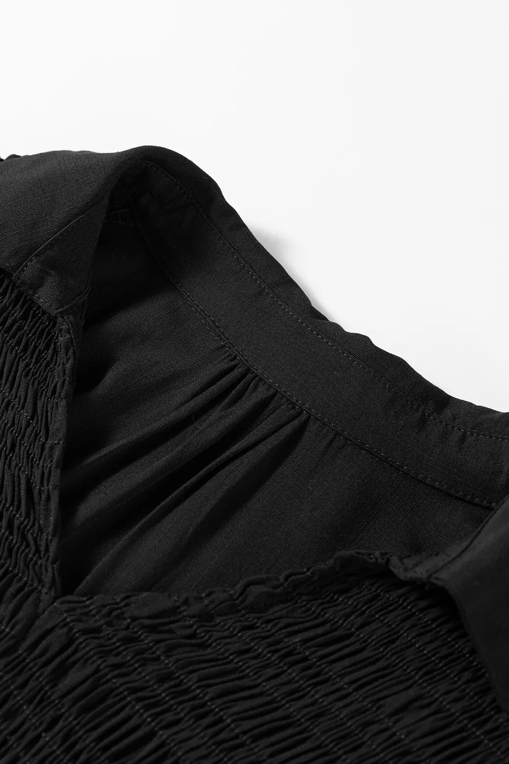 Collared V Neck Smocked Detail Contrast Leopard Trim Dress