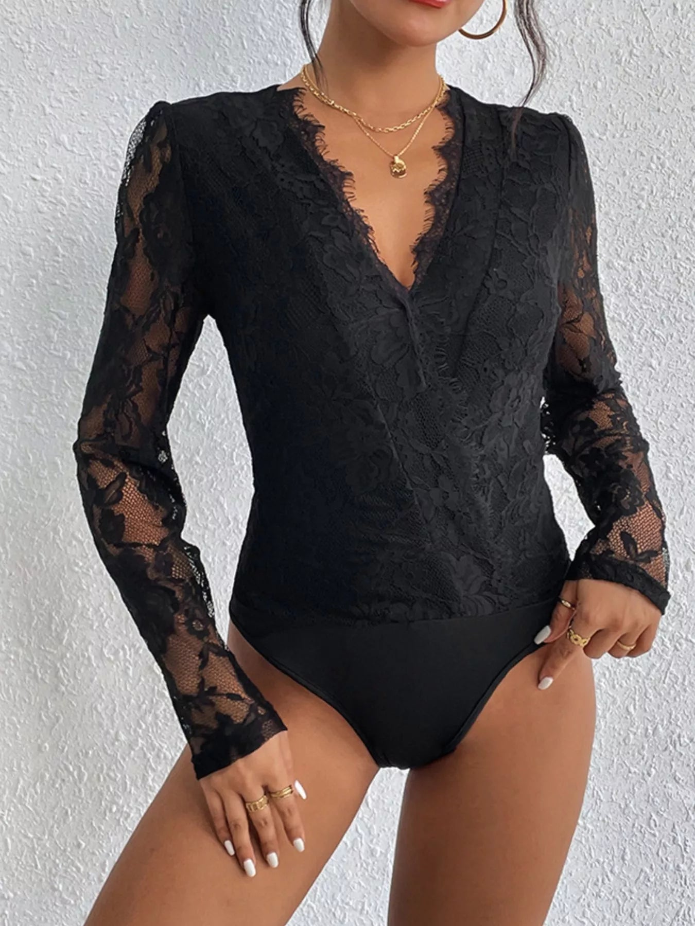 Lace V-Neck Long Sleeve Bodysuit