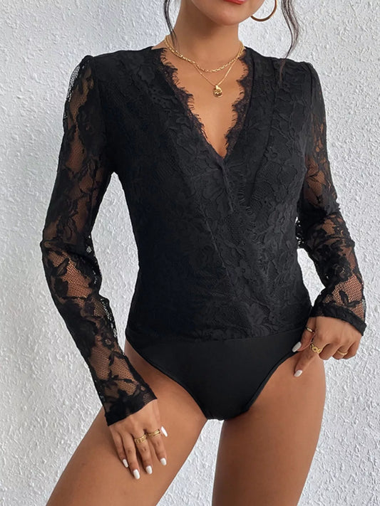 Lace V-Neck Long Sleeve Bodysuit