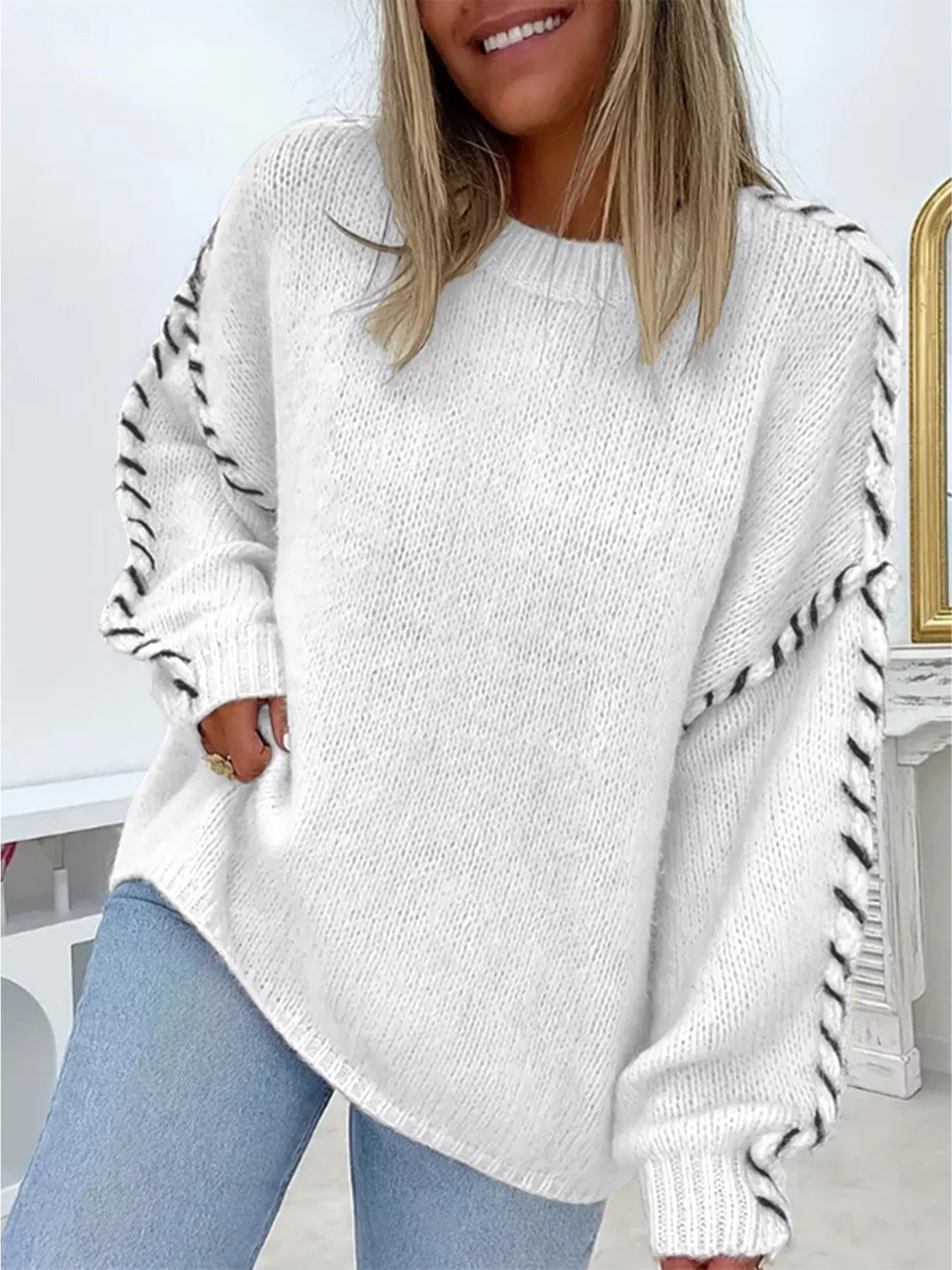 Contrast Stitching Dropped Shoulder Sweater White