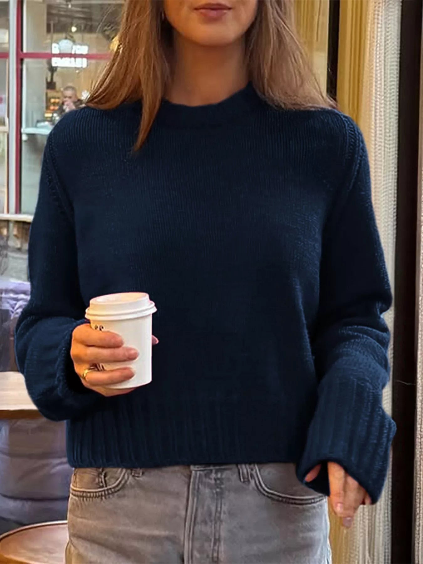 Ribbed Round Neck Sweater Navy