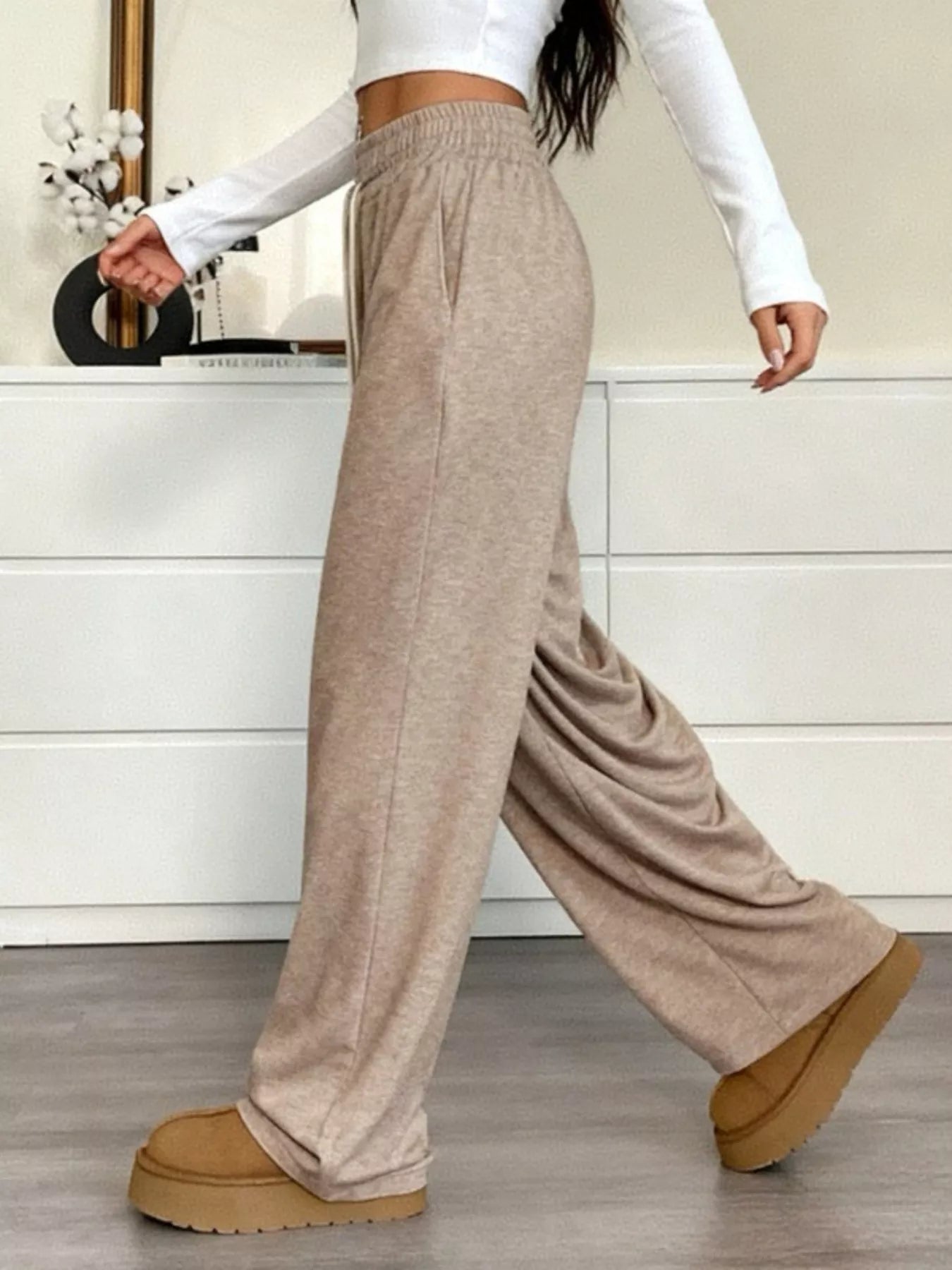 Casual Drawstring Waist Wide Leg Pants