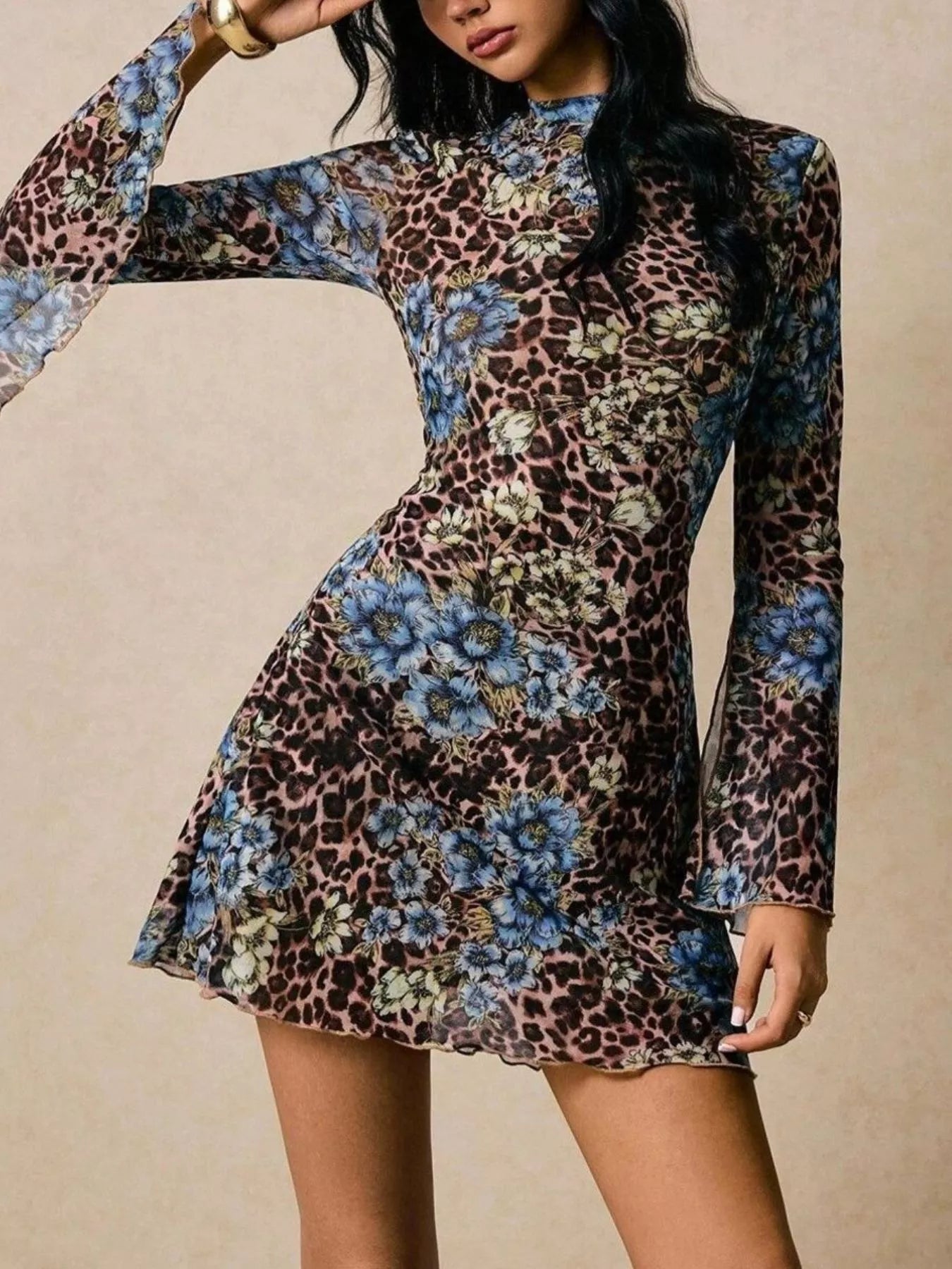 Floral Leopard Print Slit Sleeve Mini Dress