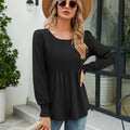 Smocked Round Neck Lantern Sleeve Blouse Black
