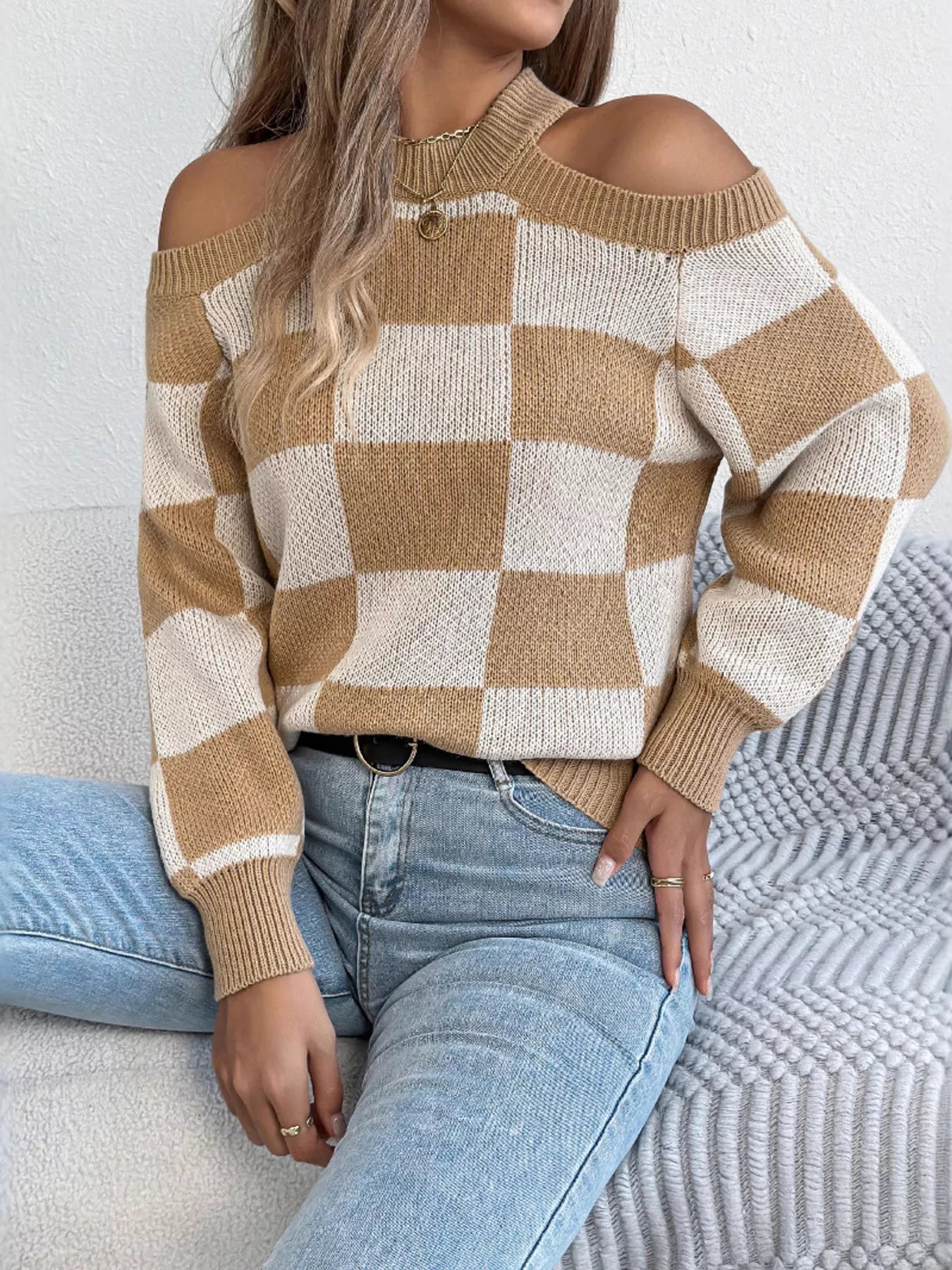 Cold Shoulder Checkered Long Sleeve Sweater Khaki