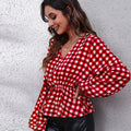 Plaid V-Neck Balloon Sleeve Peplum Blouse