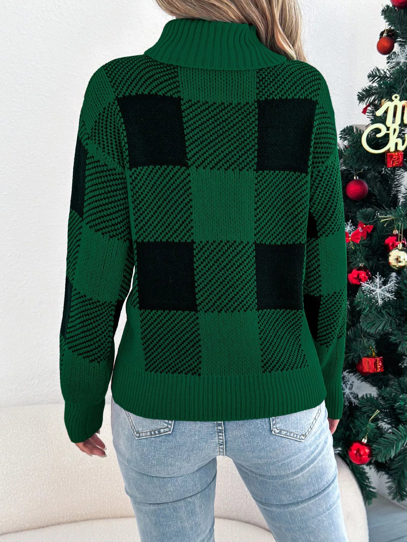 Christmas Plaid Long Sleeve Turtleneck Sweater