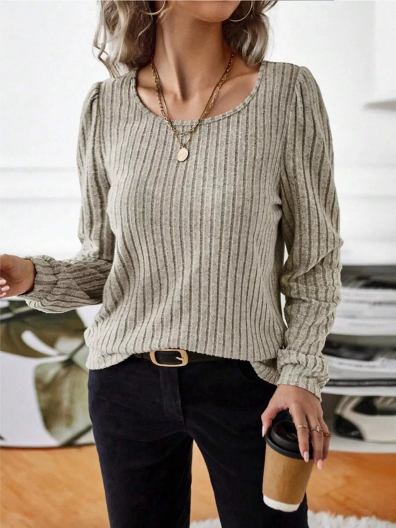 Ribbed Knit Long Sleeve T-Shirt