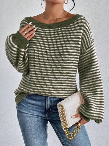 Striped Boat Neck Long Sleeve Sweater Green