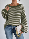 Striped Boat Neck Long Sleeve Sweater Green