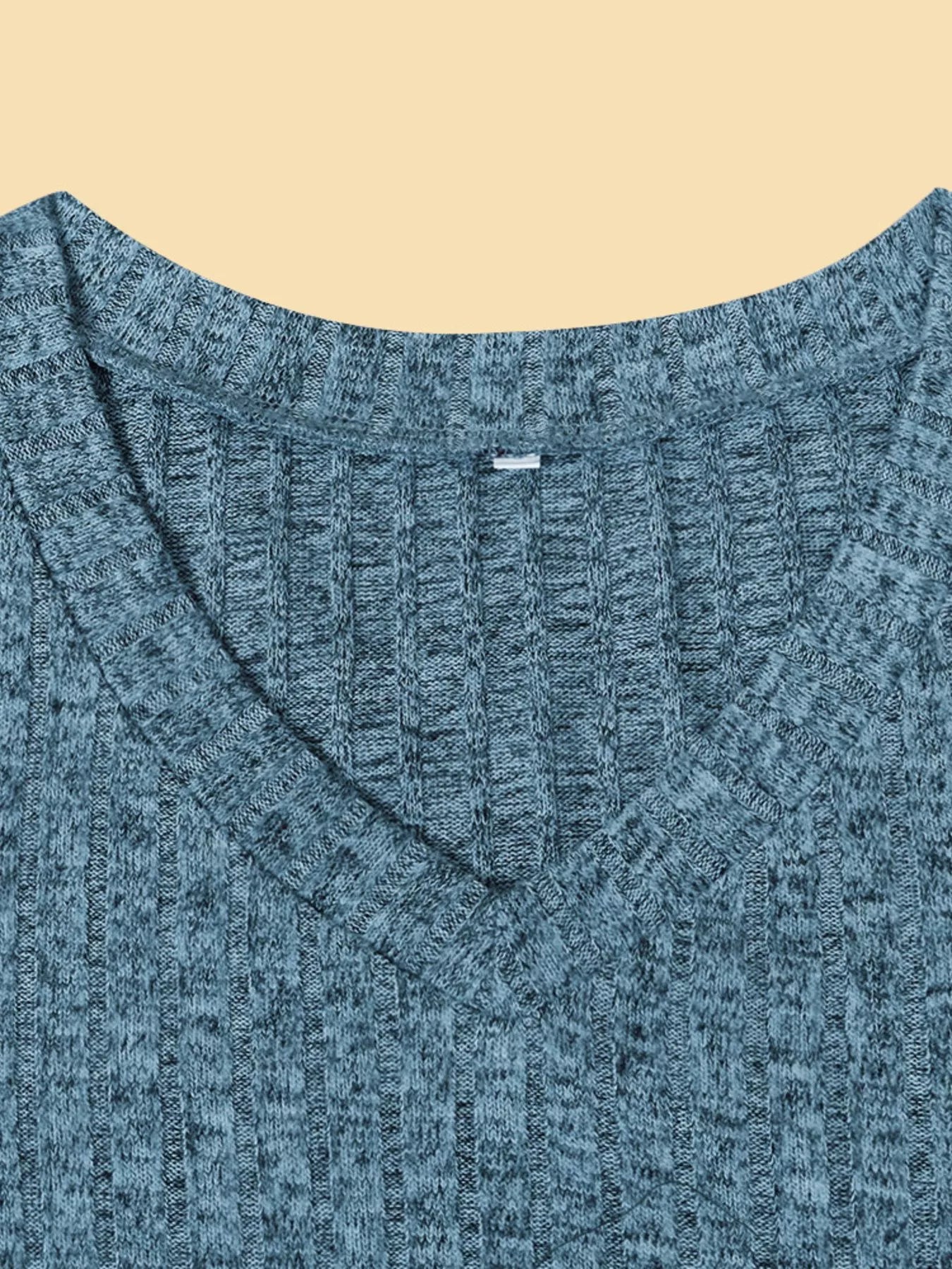 V-Neck Textured Knit Long Sleeve T-Shirt