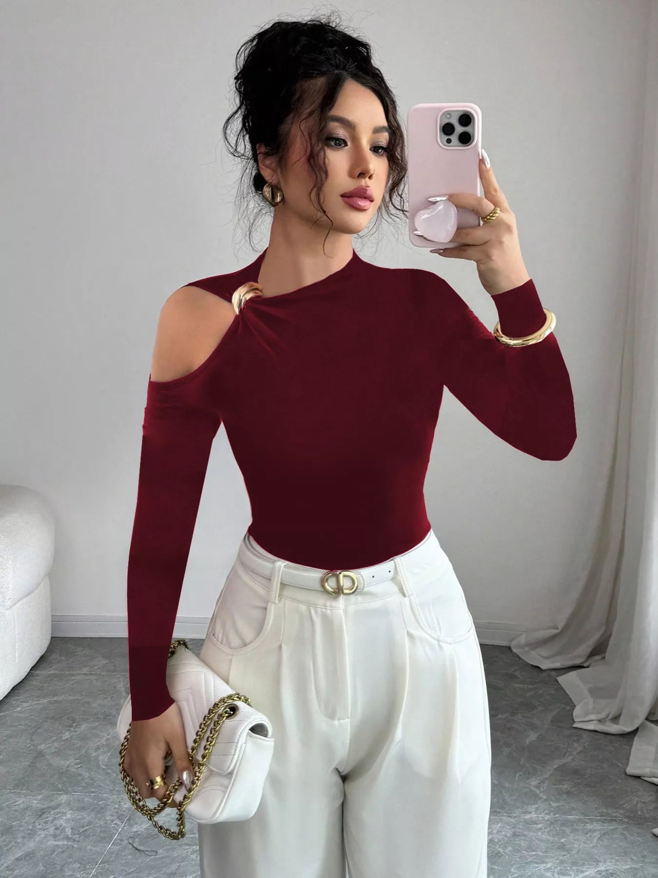Cutout One-Shoulder Long Sleeve T-Shirt Burgundy