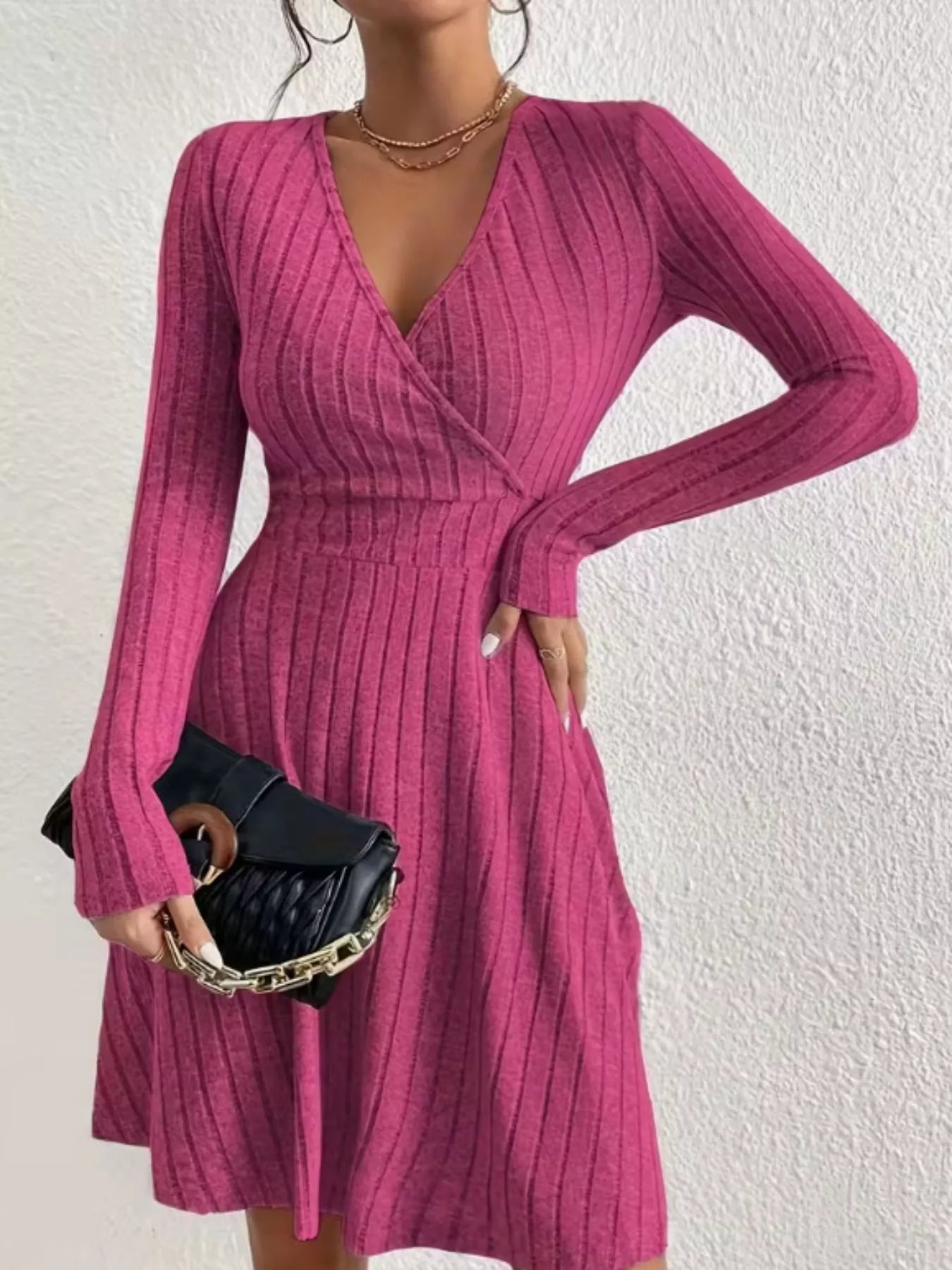 Ribbed Knit Wrap Mini Dress Fuchsia Pink