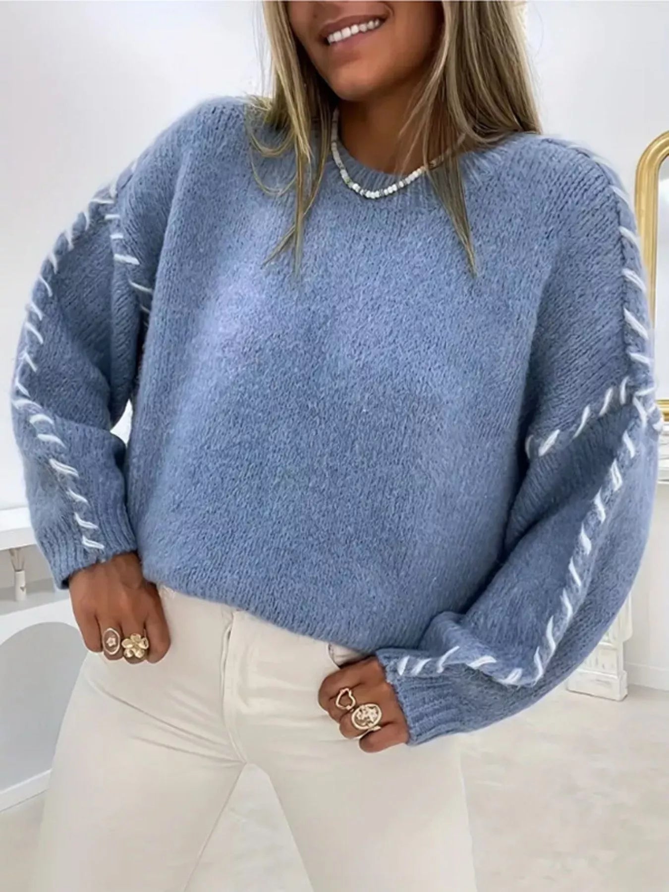 Contrast Stitching Dropped Shoulder Sweater