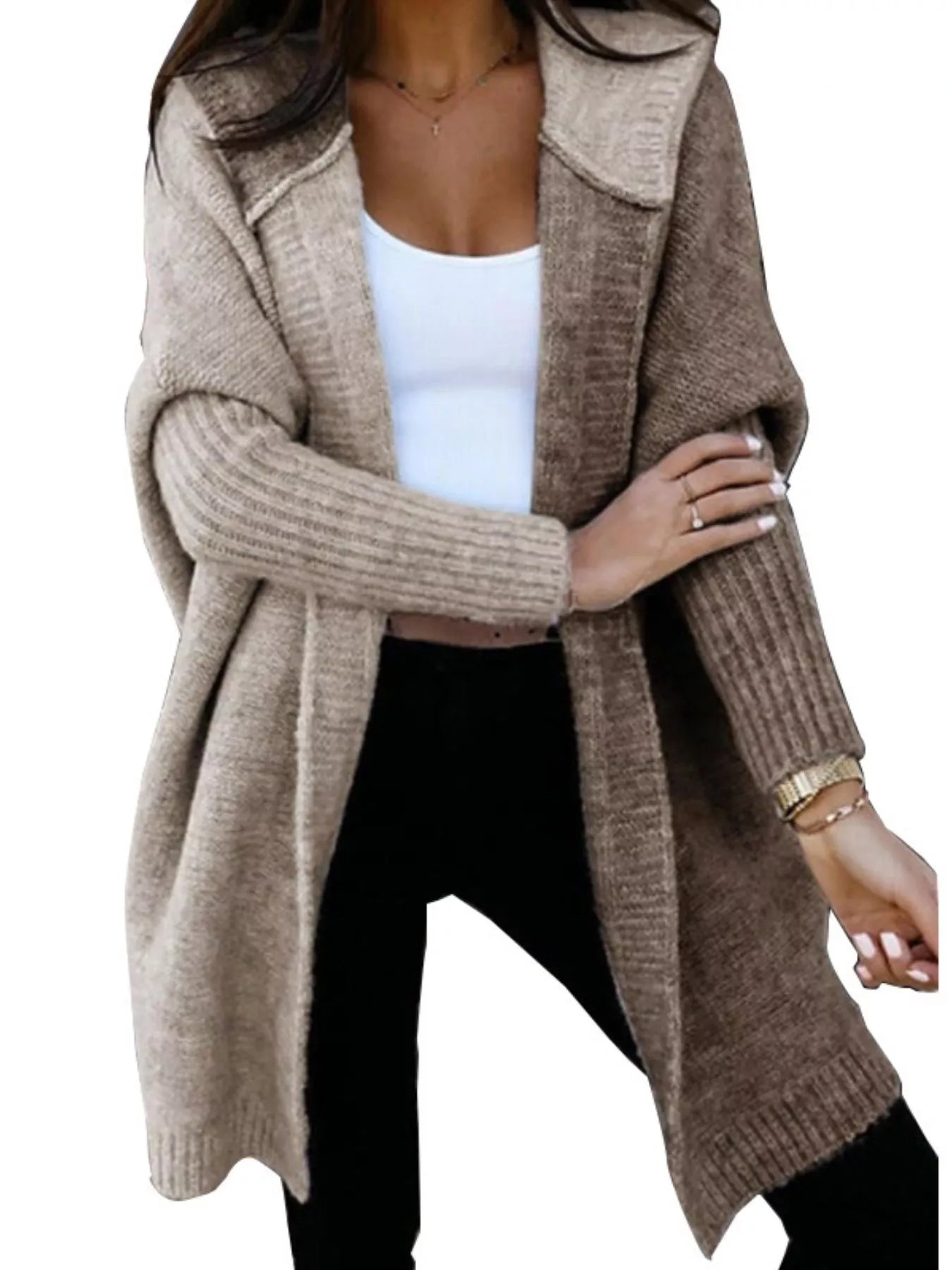 Two-Tone Open Front Knit Hooded Cardigan Camel