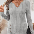 Ribbed Knit Notched Long Sleeve Top Gray