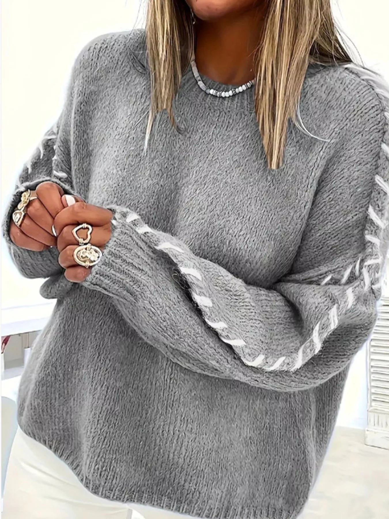 Contrast Stitching Dropped Shoulder Sweater Grey