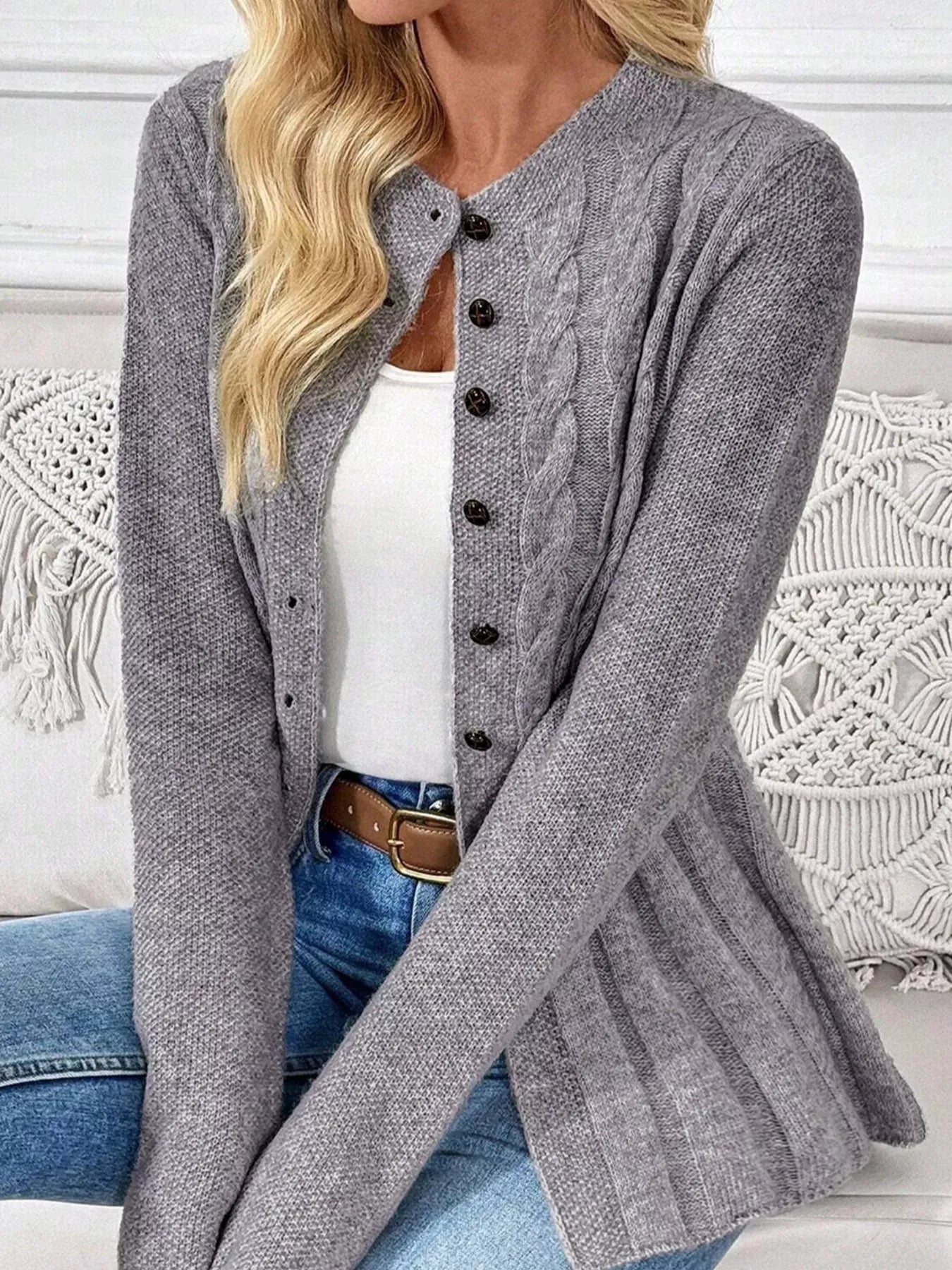 Cable-Knit Button-Down Cardigan Gray