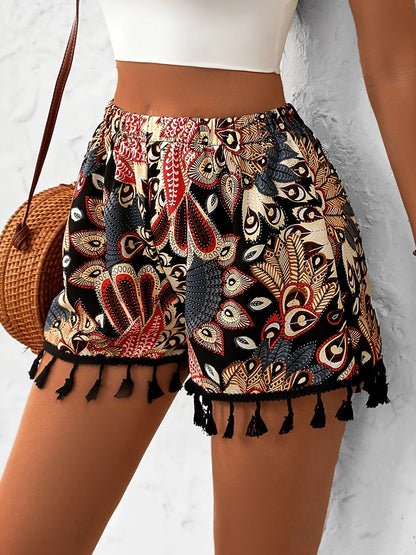 Paisley Print Tassel Hem Shorts Black