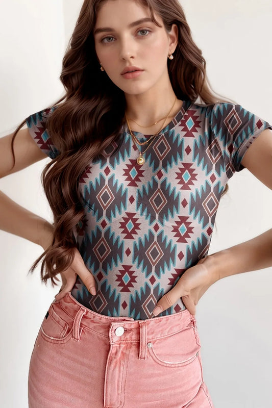 Western Aztec Print Mesh Slim T Shirt Floral