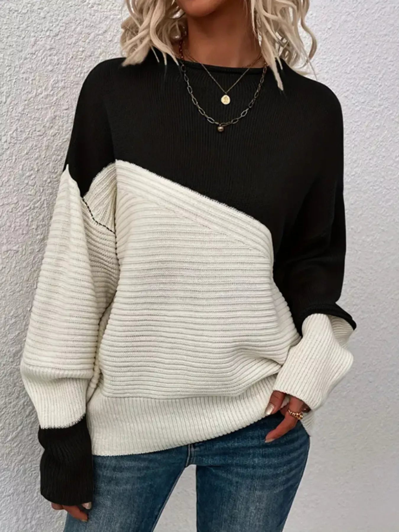 Color Block Ribbed Knit Sweater Black