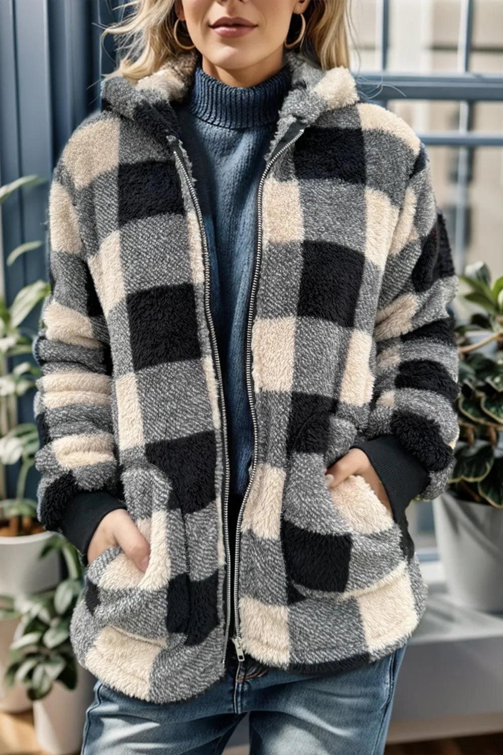 Double Take Full Size Plaid Long Sleeve Hooded Coat Camel