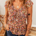 Floral Print Knot V Neck Ruffled Sleeve Blouse