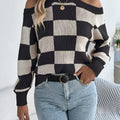 Cold Shoulder Checkered Long Sleeve Sweater