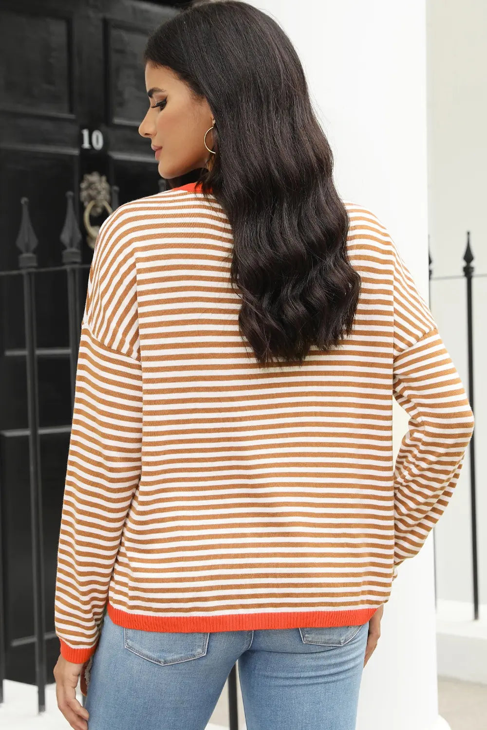 Striped Round Neck Drop Shoulder T-Shirt Ochre