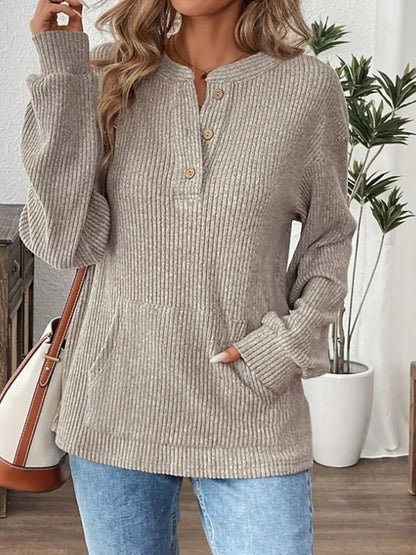 Ribbed Button Detail Long Sleeve T-Shirt Khaki
