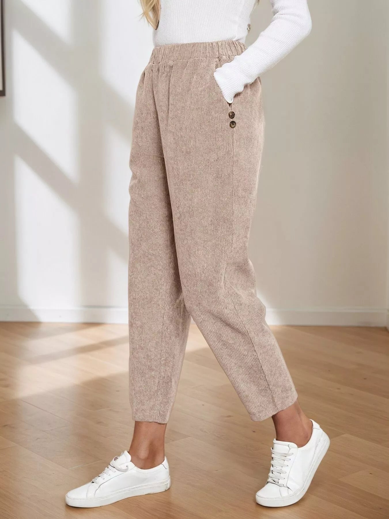 Corduroy Elastic Waist Cropped Pants