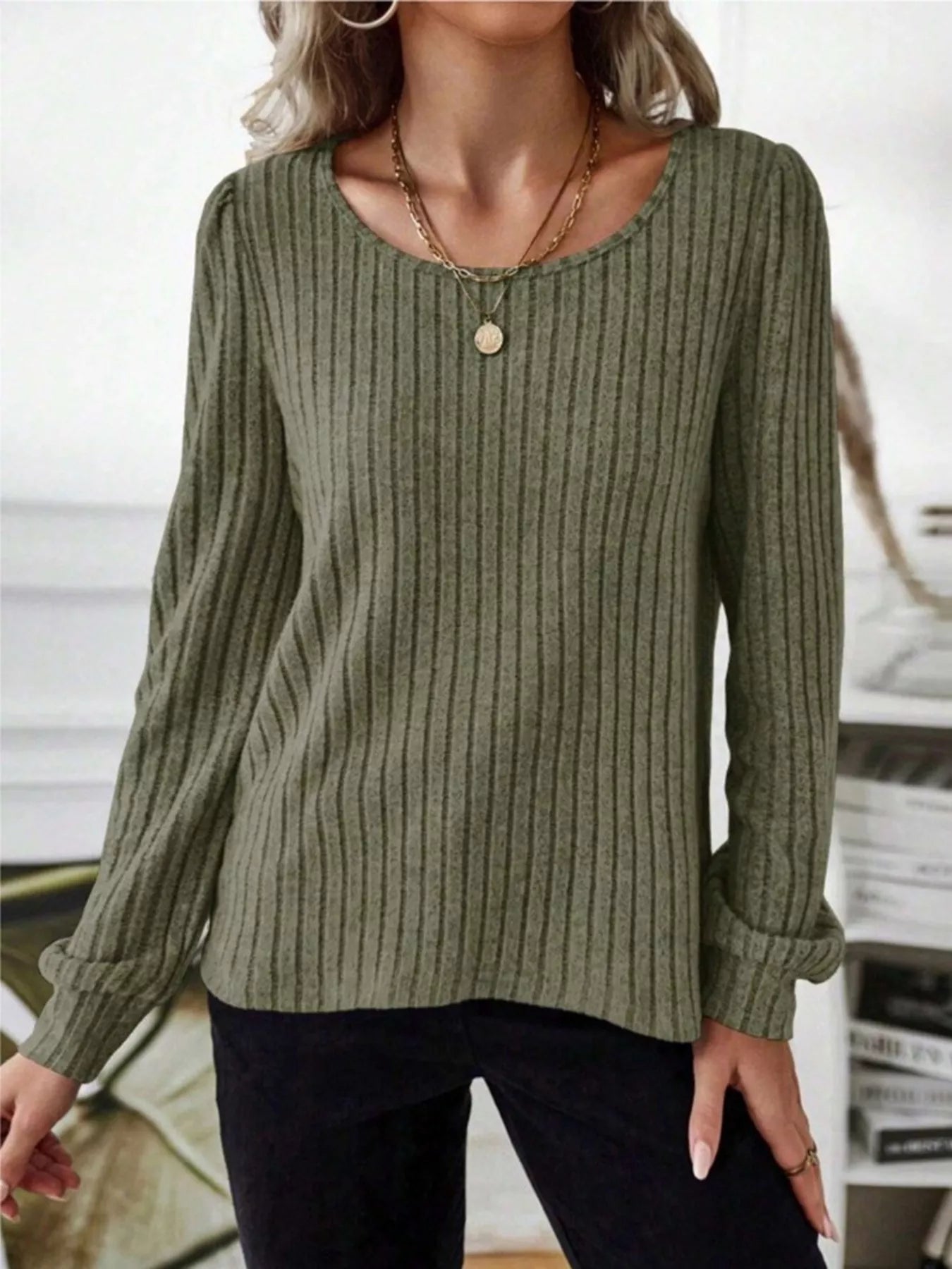 Ribbed Knit Long Sleeve T-Shirt