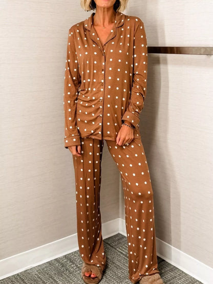 Polka Dot Button-Down Top and Pants Lounge Set Caramel