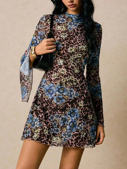 Floral Leopard Print Slit Sleeve Mini Dress Floral