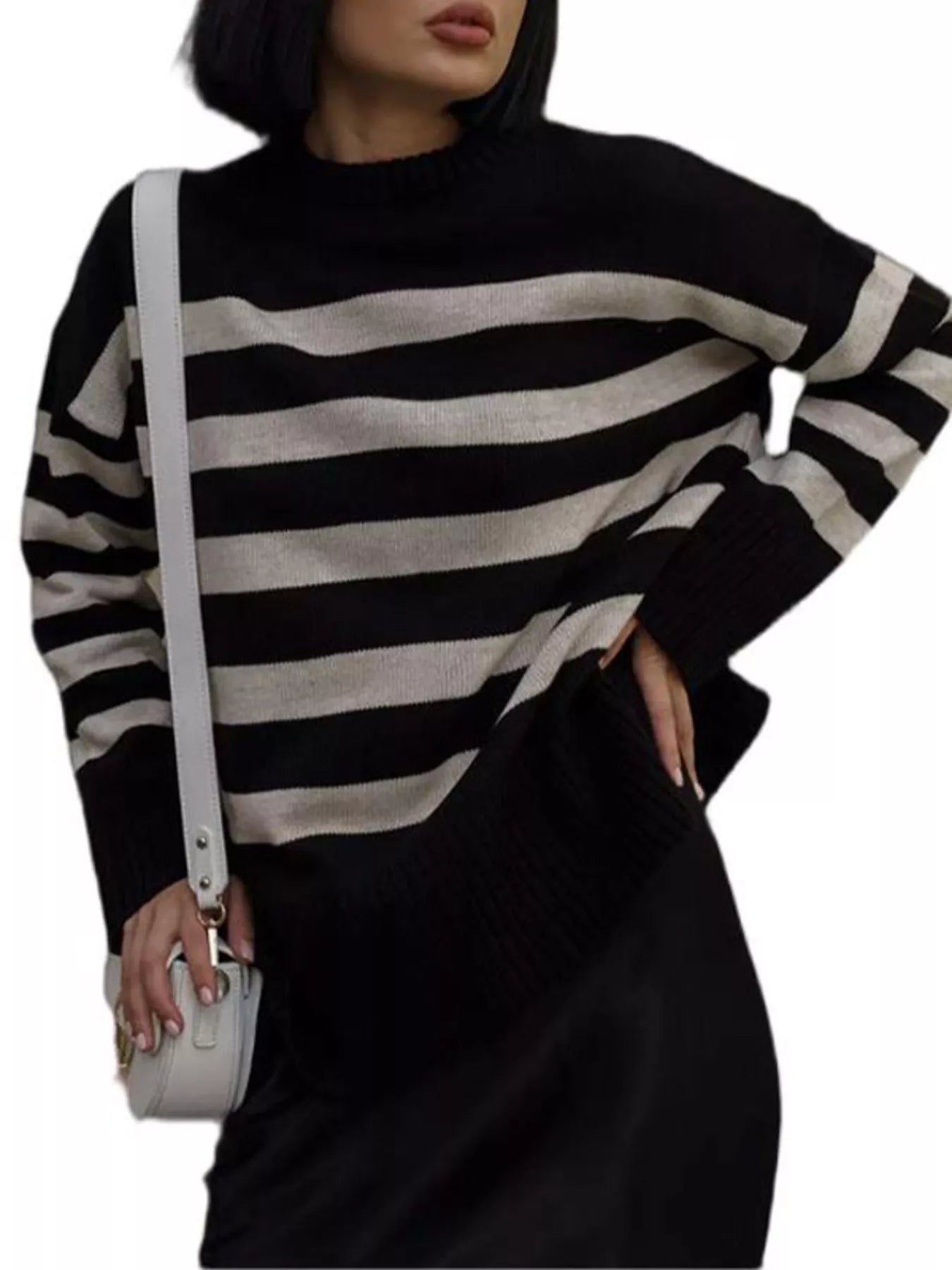 Side Slit Striped Oversized Knit Sweater Black
