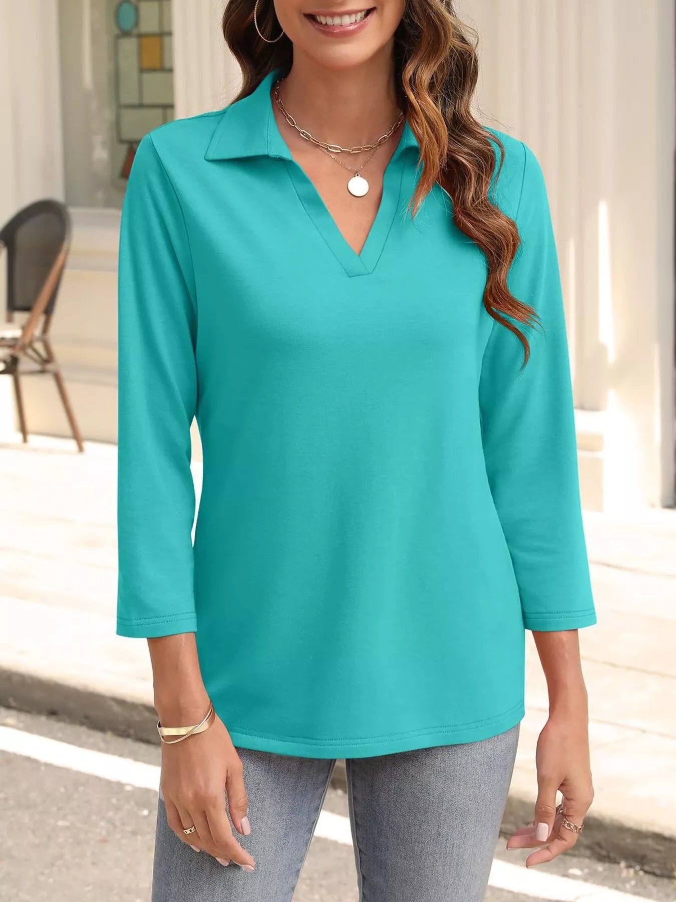 Johnny Collar Solid Color Top Turquoise