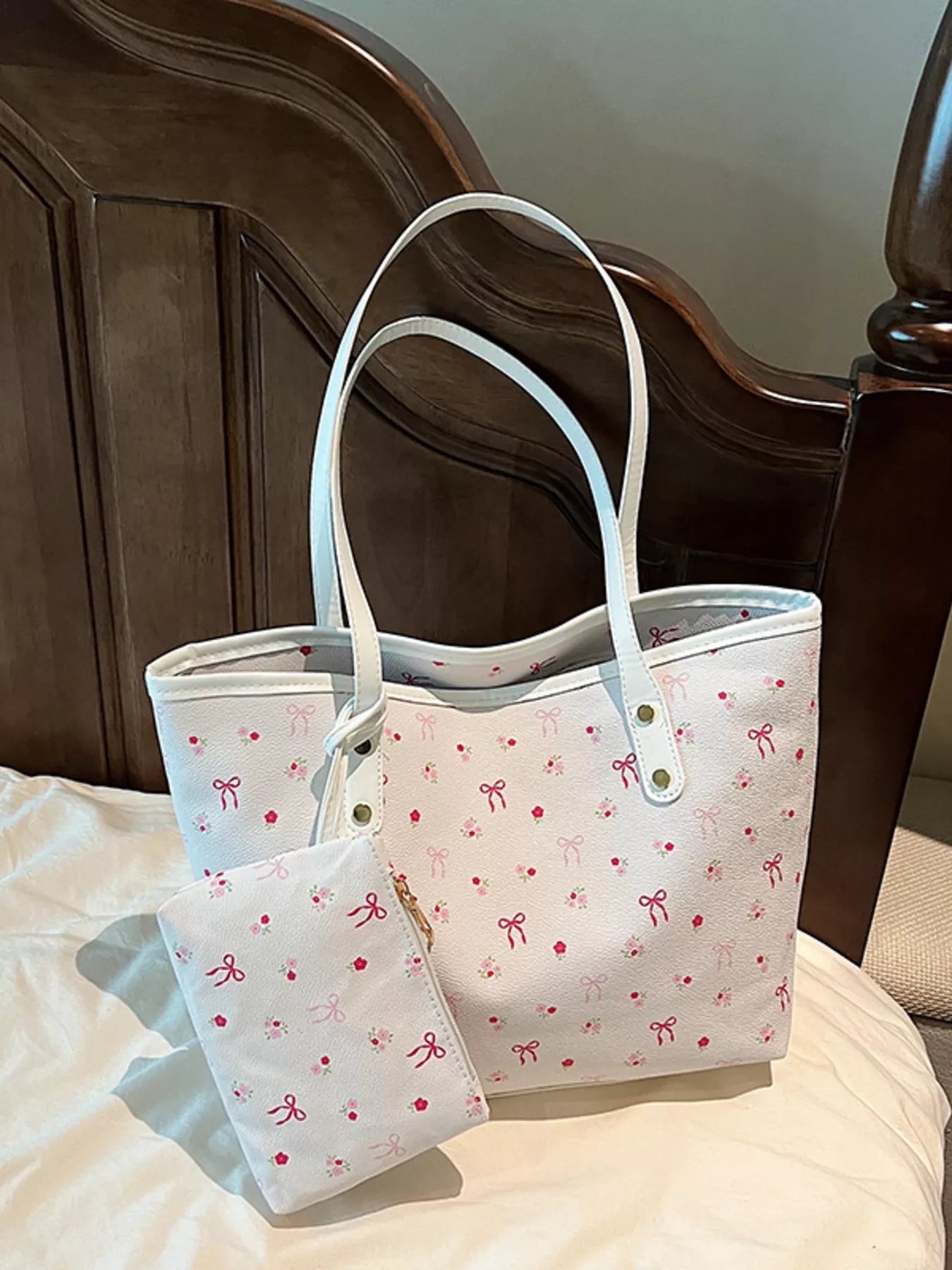 Printed Tote Shoulder Bag with Pouch White onesize