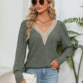 Lace Detail V-Neck Ribbed Blouse Moss
