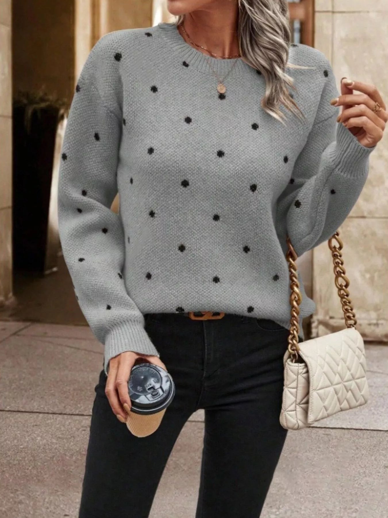 Polka Dot Round Neck Sweater Gray