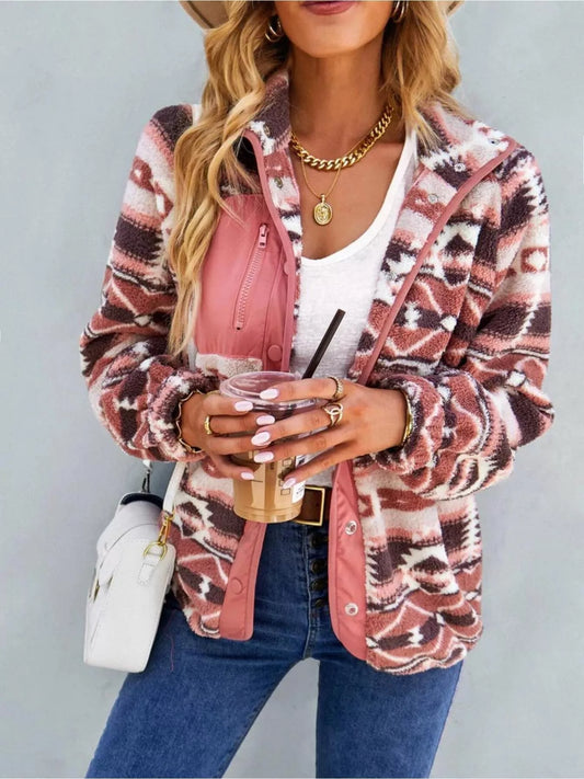 Aztec Print Fleece Snap Down Jacket Burnt Coral