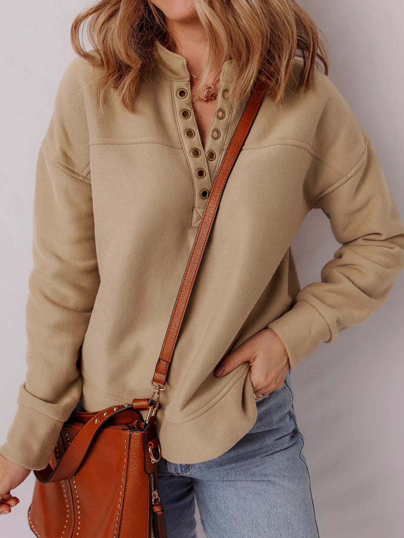 Grommet Detail V Neck Sweatshirt