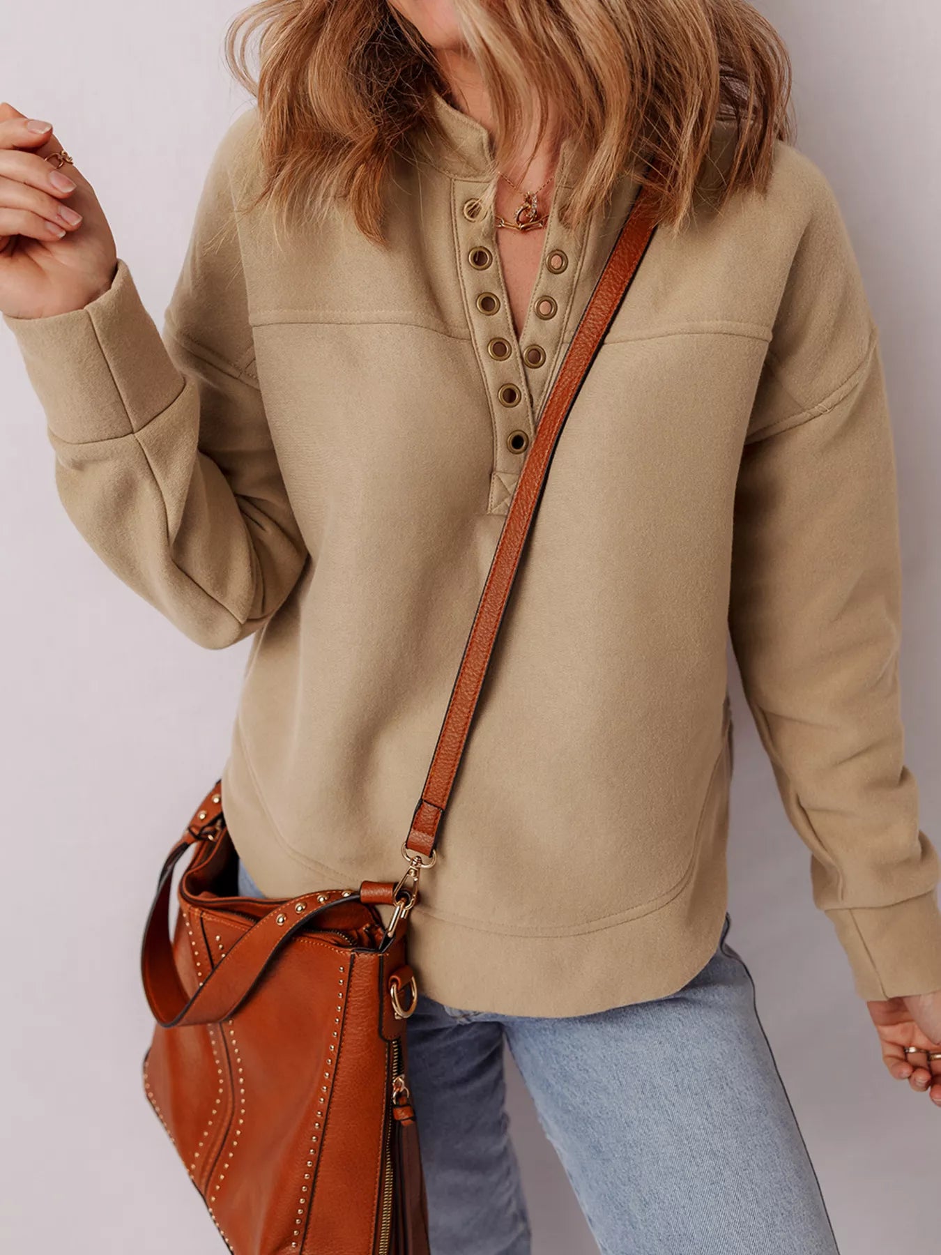 Grommet Detail V Neck Sweatshirt