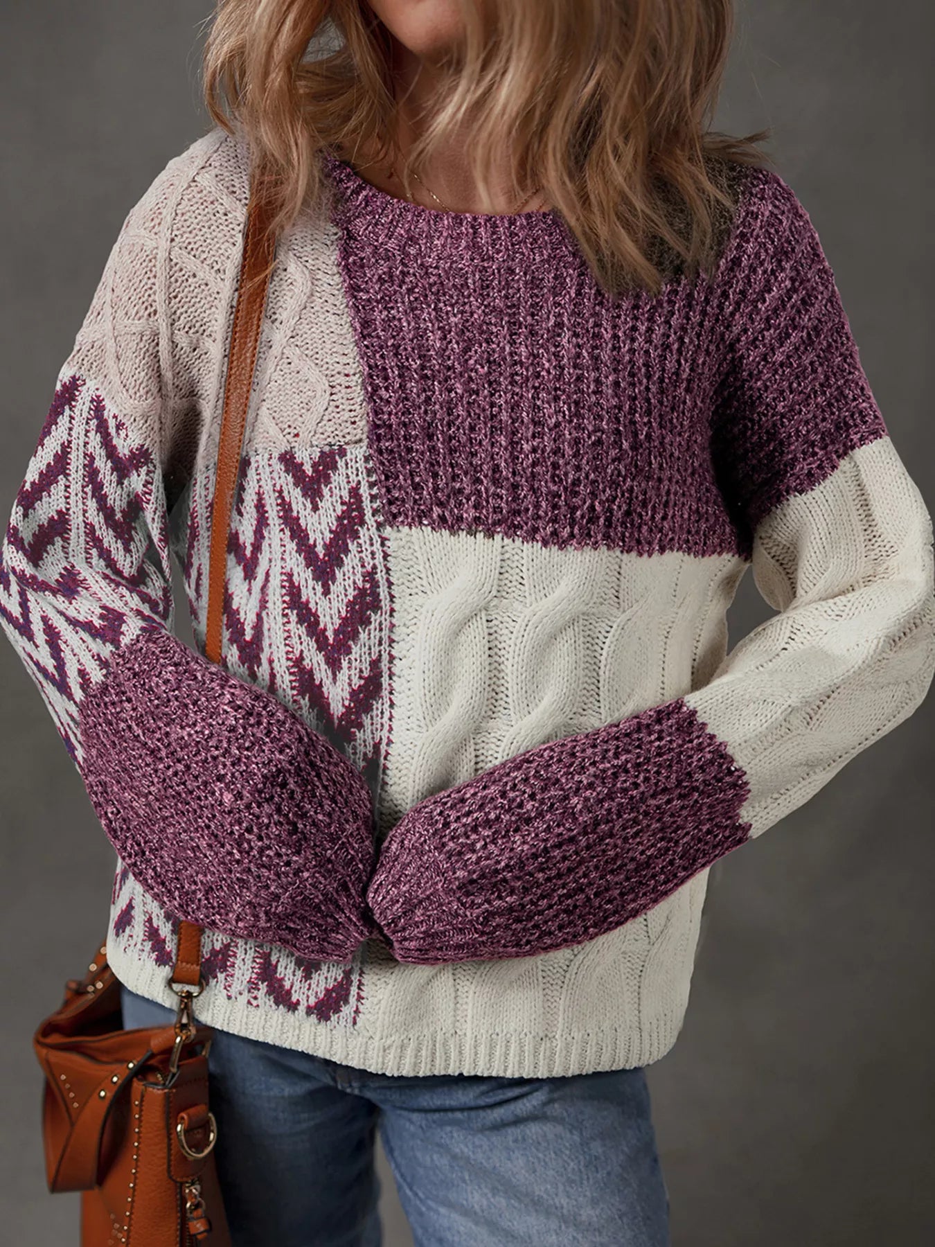 Color Block Patchwork Knotted Back Loose Fit Sweater Mauve