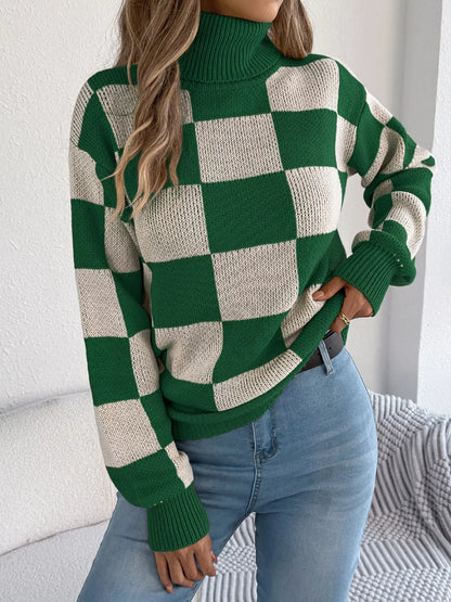 Checkered Turtleneck Long Sleeve Sweater Green