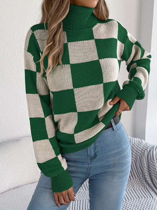 Checkered Turtleneck Long Sleeve Sweater Green