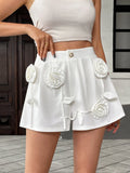 3D Flower Applique High-Waisted Shorts White
